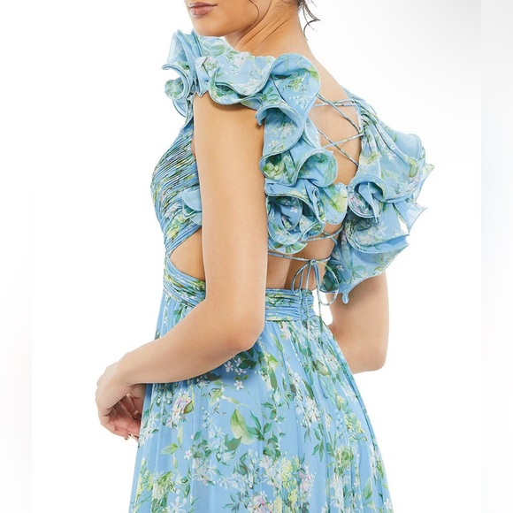 Mac Duggal 🩵 Blue Floral Ruffle Tiered Cut-Out Chiffon Gown – Size 8 NWT - Picture 5 of 16